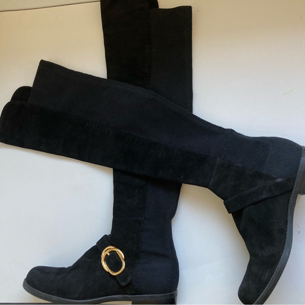Stuart Weitzman Black Over-the-Knee Suede Boots with Gold Accent - Picture 5 of 16